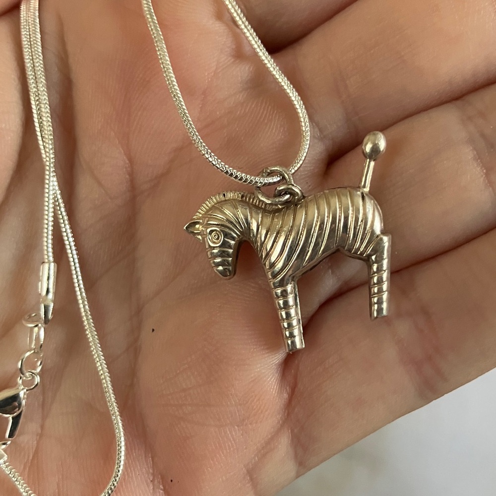 ***SOLD*** art deco zebra charm on 24” snake chain Sterling silver